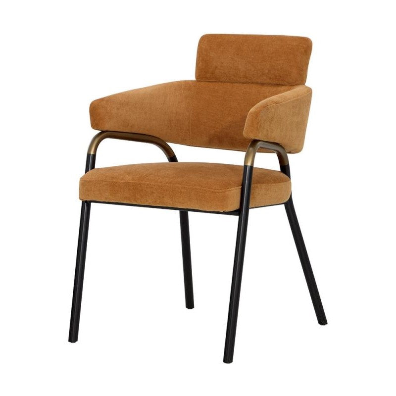 Mid-Century Style Dining Armchair Amber Fabric & Black Metal Legs