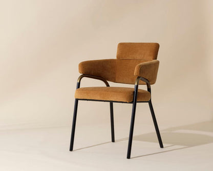 Mid-Century Style Dining Armchair Amber Fabric & Black Metal Legs