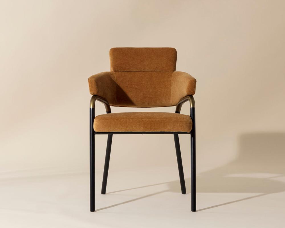 Mid-Century Style Dining Armchair Amber Fabric & Black Metal Legs