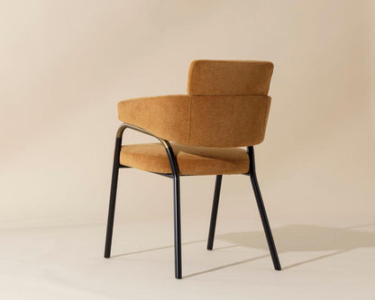 Mid-Century Style Dining Armchair Amber Fabric & Black Metal Legs