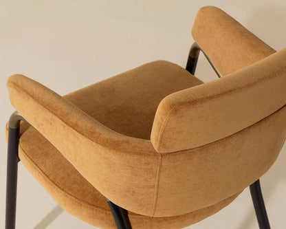 Mid-Century Style Dining Armchair Amber Fabric & Black Metal Legs