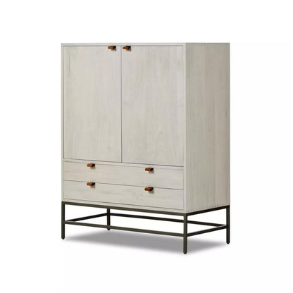 Mid-Century Style Dove White Wood Minimalist Bar Cabinet with Brown Leather Pulls 40 inch