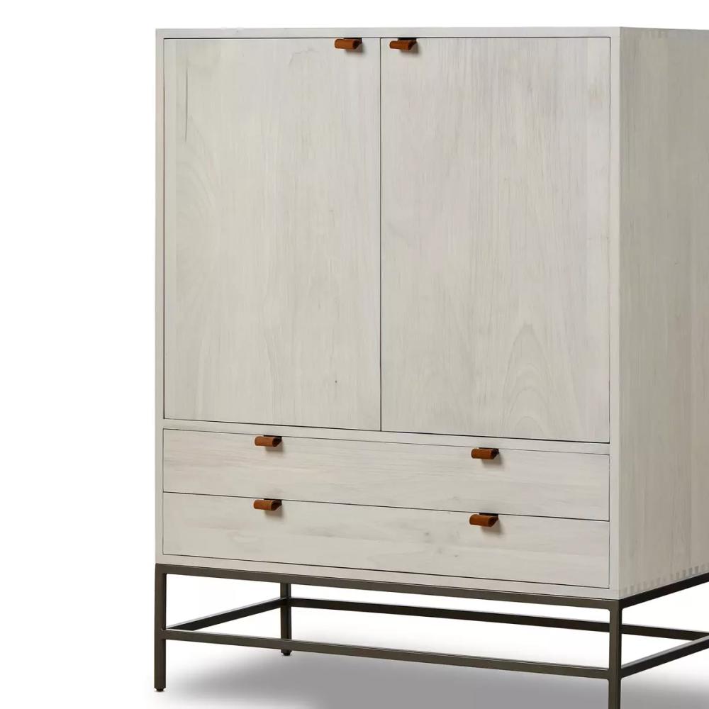 Mid-Century Style Dove White Wood Minimalist Bar Cabinet with Brown Leather Pulls 40 inch