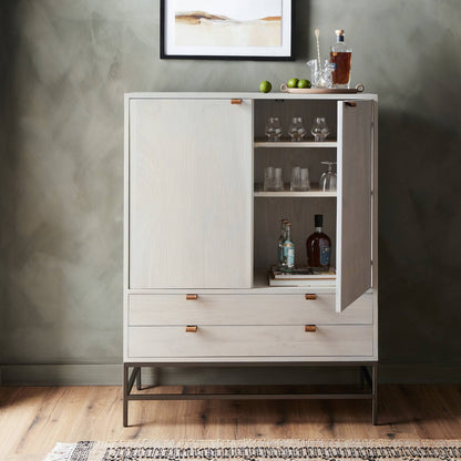 Mid-Century Style Dove White Wood Minimalist Bar Cabinet with Brown Leather Pulls 40 inch