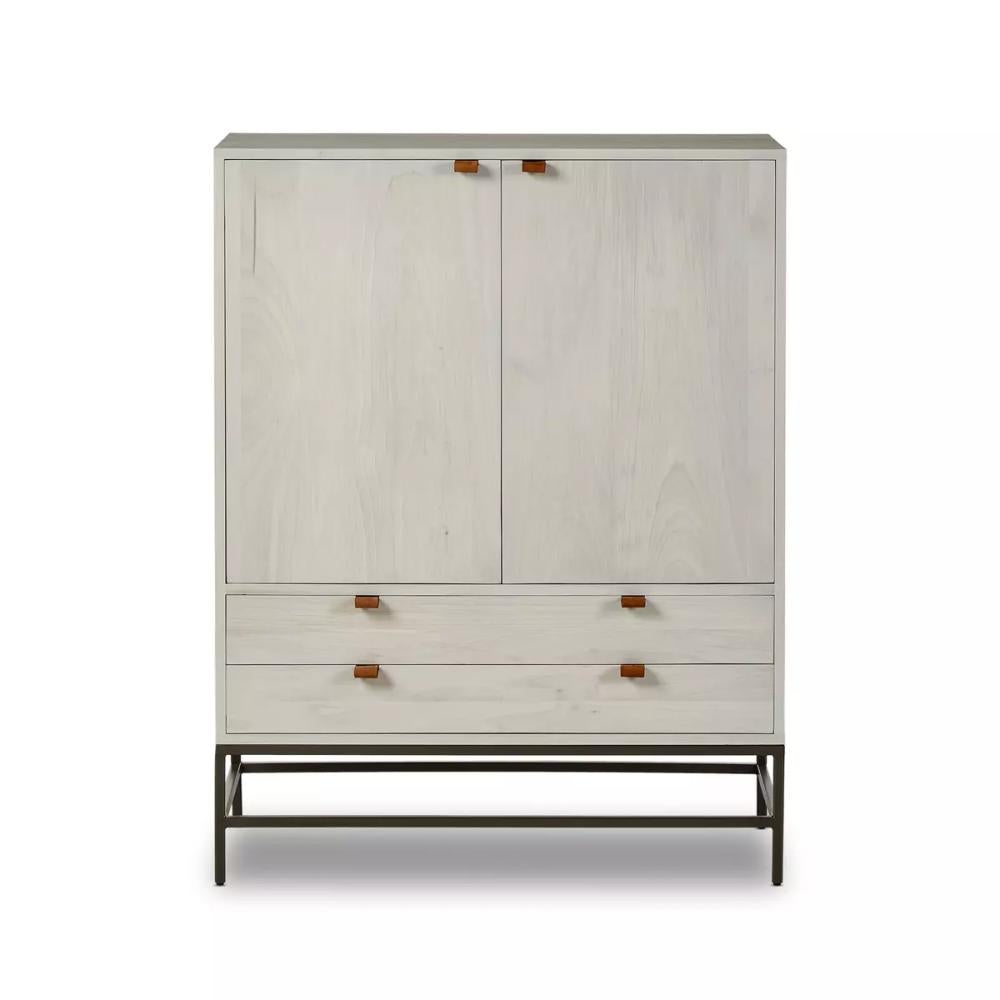 Mid-Century Style Dove White Wood Minimalist Bar Cabinet with Brown Leather Pulls 40 inch