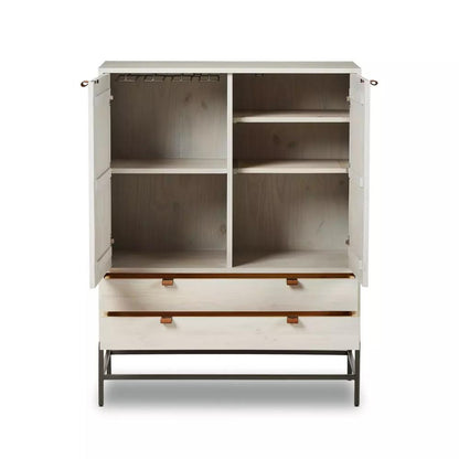 Mid-Century Style Dove White Wood Minimalist Bar Cabinet with Brown Leather Pulls 40 inch