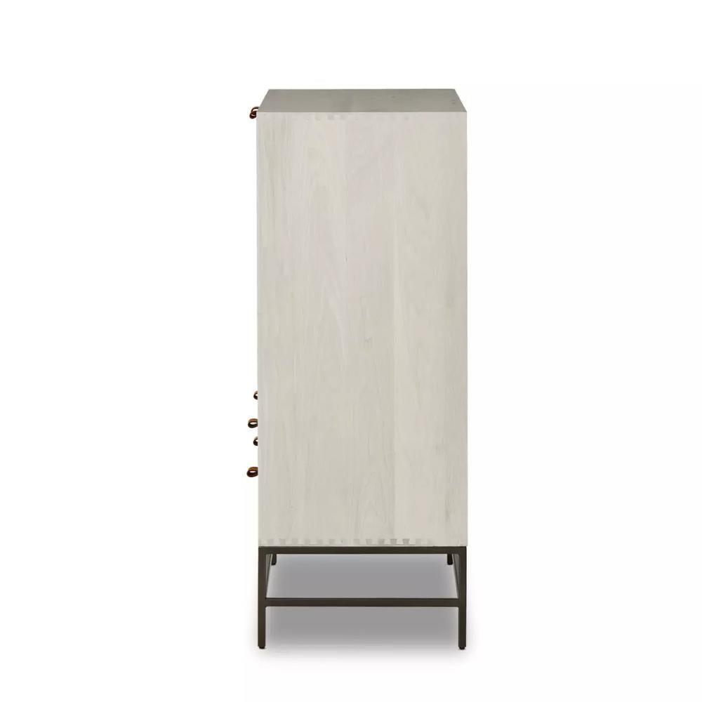 Mid-Century Style Dove White Wood Minimalist Bar Cabinet with Brown Leather Pulls 40 inch