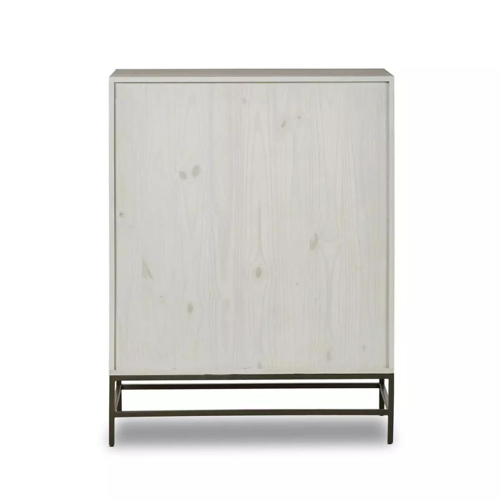 Mid-Century Style Dove White Wood Minimalist Bar Cabinet with Brown Leather Pulls 40 inch