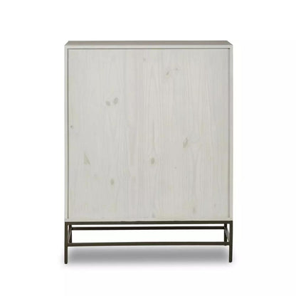 Mid-Century Style Dove White Wood Minimalist Bar Cabinet with Brown Leather Pulls 40 inch