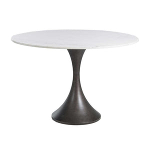 Mid-Century Style Round Dining Table Hourglass Pedestal Bronze Metal Base Marble Top 48 inch