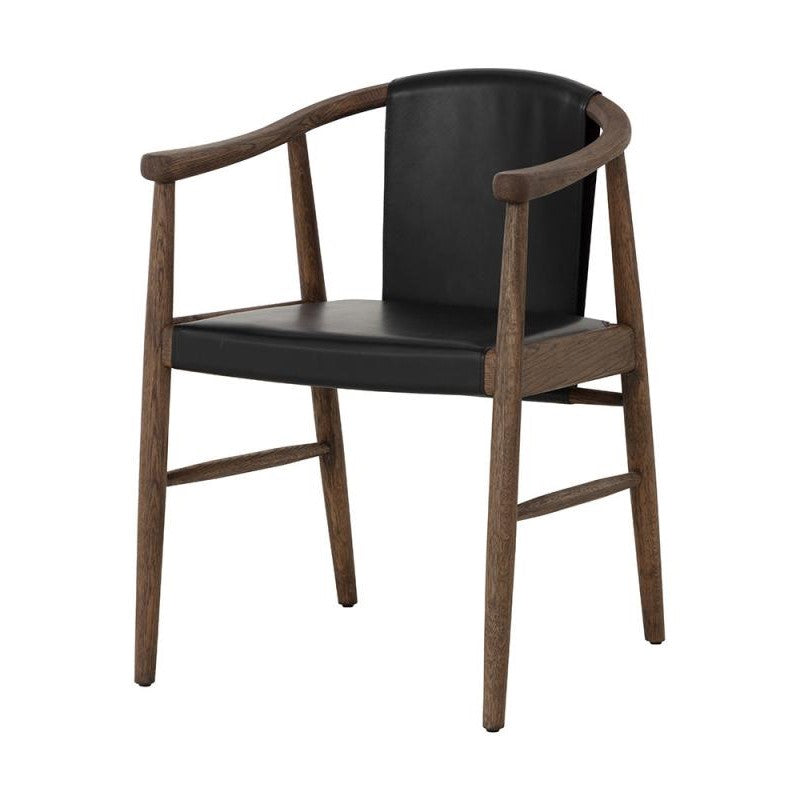 Midcentury Style Black Leather Dining Chair Wishbone Armchair Solid Oak Wood Frame