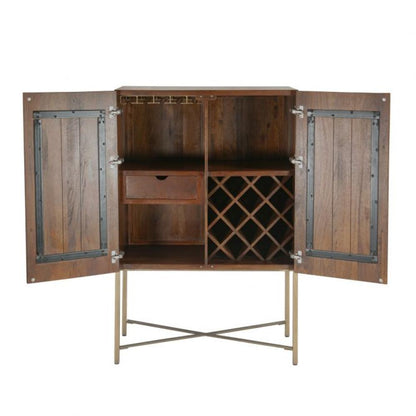 Midcentury Style Brown Reeded Mango Wood Bar Cabinet with Wine Storage 39 inch