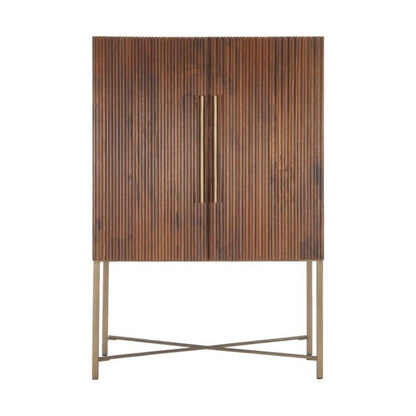 Midcentury Style Brown Reeded Mango Wood Bar Cabinet with Wine Storage 39 inch