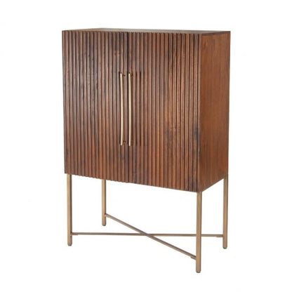 Midcentury Style Brown Reeded Mango Wood Bar Cabinet with Wine Storage 39 inch