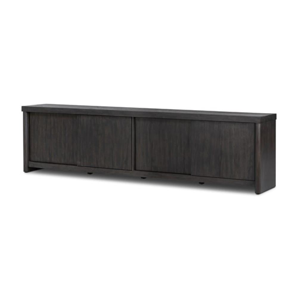 Minimalist Smoked Black Oak Wood Low Media Console Storage Cabinet 94 inch