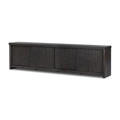 Minimalist Smoked Black Oak Wood Low Media Console Storage Cabinet 94 inch