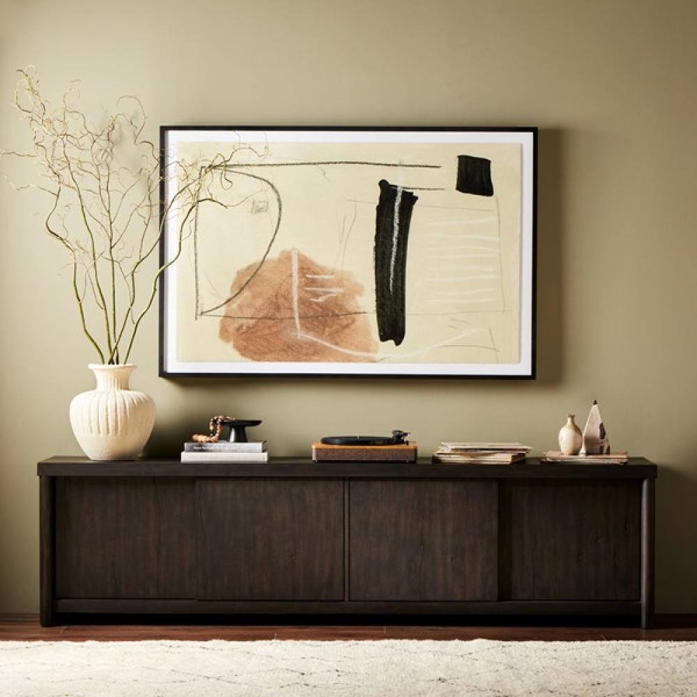 Minimalist Smoked Black Oak Wood Low Media Console Storage Cabinet 94 inch