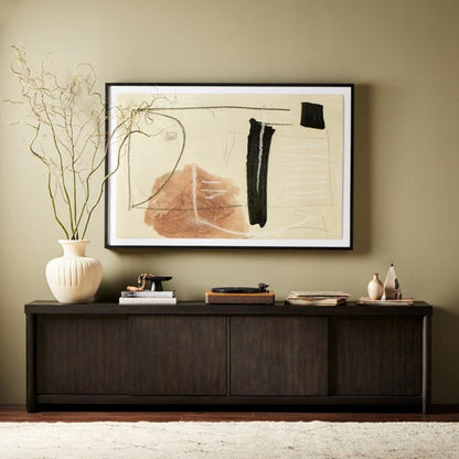 Minimalist Smoked Black Oak Wood Low Media Console Storage Cabinet 94 inch