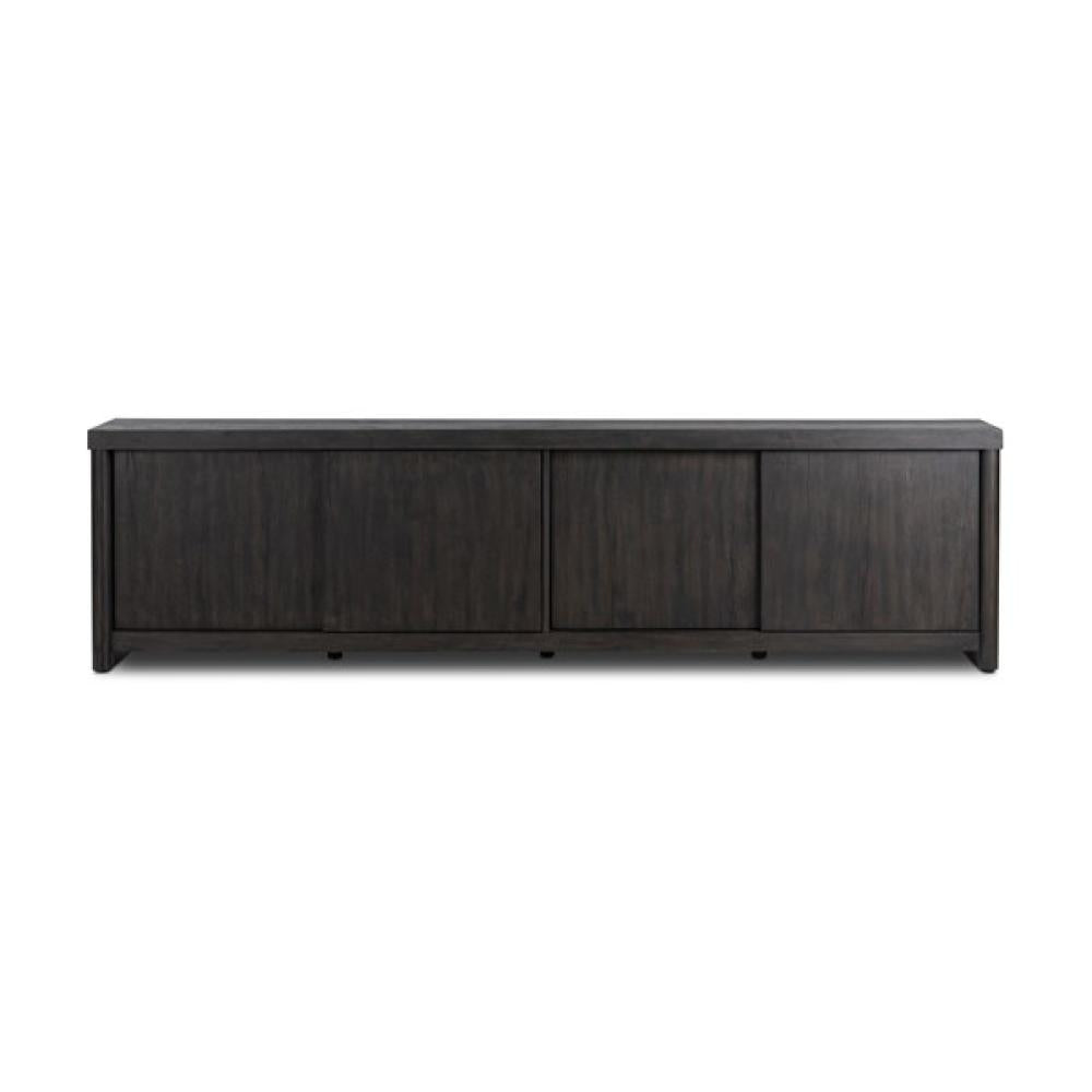 Minimalist Smoked Black Oak Wood Low Media Console Storage Cabinet 94 inch