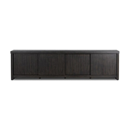 Minimalist Smoked Black Oak Wood Low Media Console Storage Cabinet 94 inch