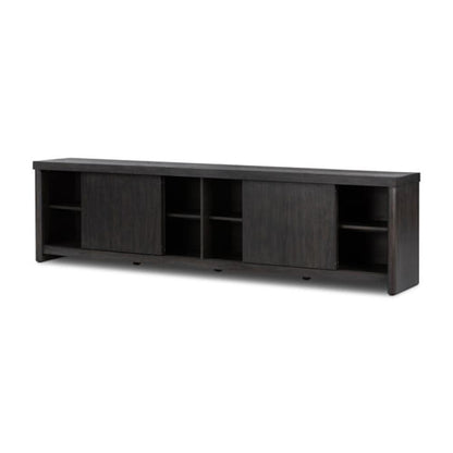 Minimalist Smoked Black Oak Wood Low Media Console Storage Cabinet 94 inch