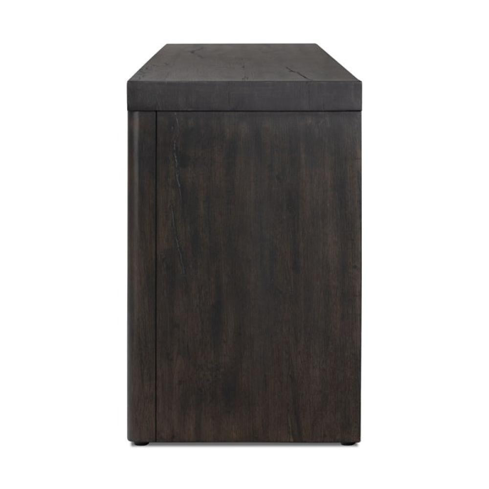Minimalist Smoked Black Oak Wood Low Media Console Storage Cabinet 94 inch