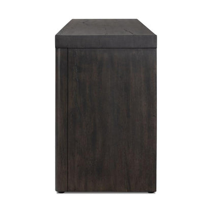 Minimalist Smoked Black Oak Wood Low Media Console Storage Cabinet 94 inch