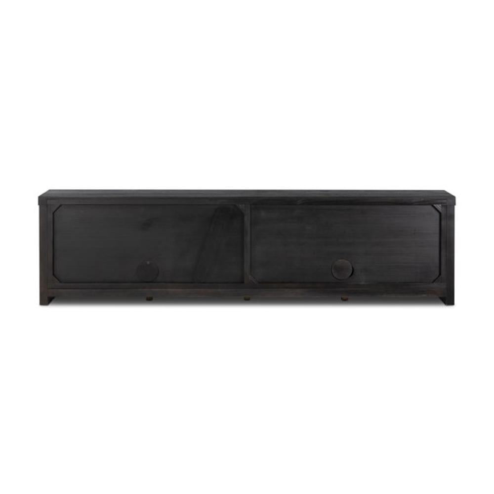 Minimalist Smoked Black Oak Wood Low Media Console Storage Cabinet 94 inch