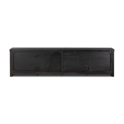 Minimalist Smoked Black Oak Wood Low Media Console Storage Cabinet 94 inch