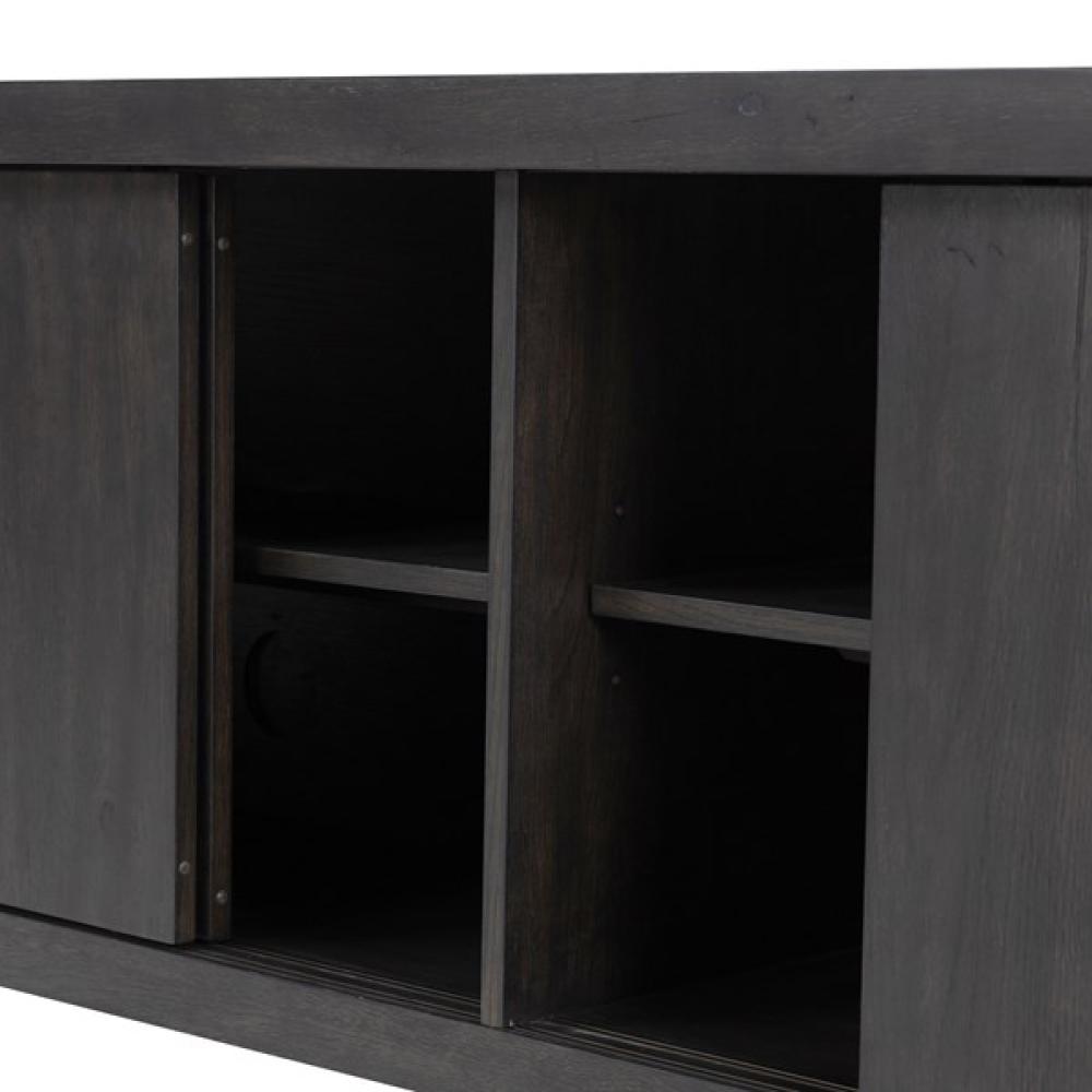 Minimalist Smoked Black Oak Wood Low Media Console Storage Cabinet 94 inch