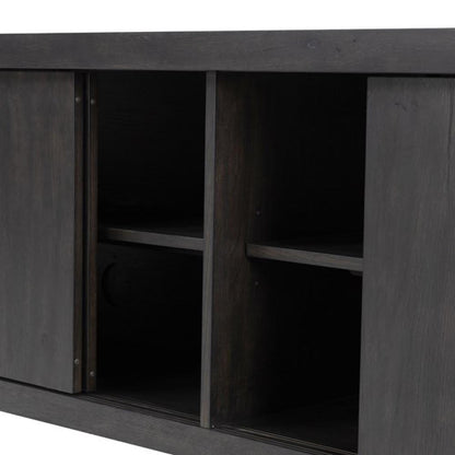 Minimalist Smoked Black Oak Wood Low Media Console Storage Cabinet 94 inch
