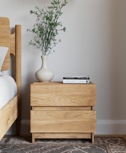 Minimalist Solid FSC Certified Oak Natural Finish 2 Drawer Nightstand 24 inch