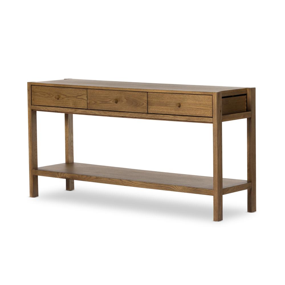 Minimalist Three Drawer Console Table Warm Brown Oak Wood 60 inch