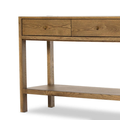 Minimalist Three Drawer Console Table Warm Brown Oak Wood 60 inch