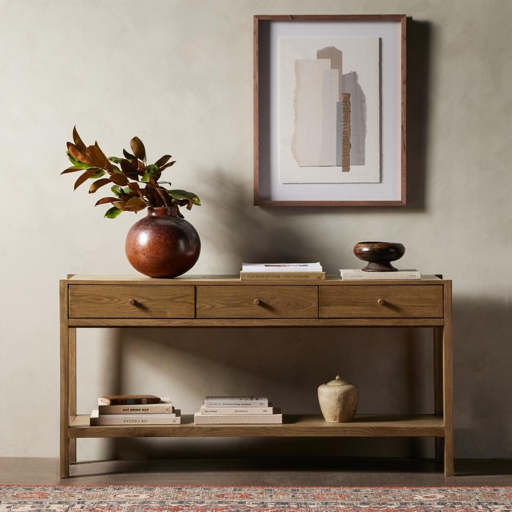 Minimalist Three Drawer Console Table Warm Brown Oak Wood 60 inch