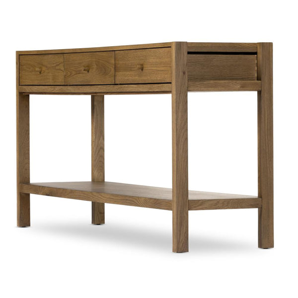 Minimalist Three Drawer Console Table Warm Brown Oak Wood 60 inch