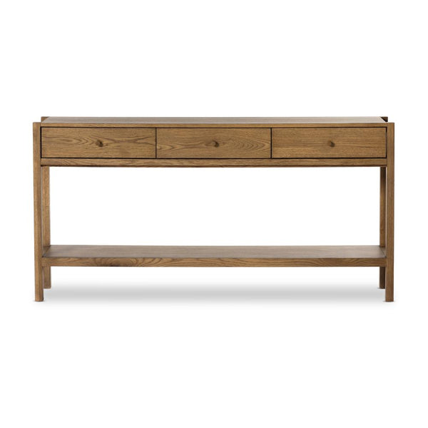 Minimalist Three Drawer Console Table Warm Brown Oak Wood 60 inch