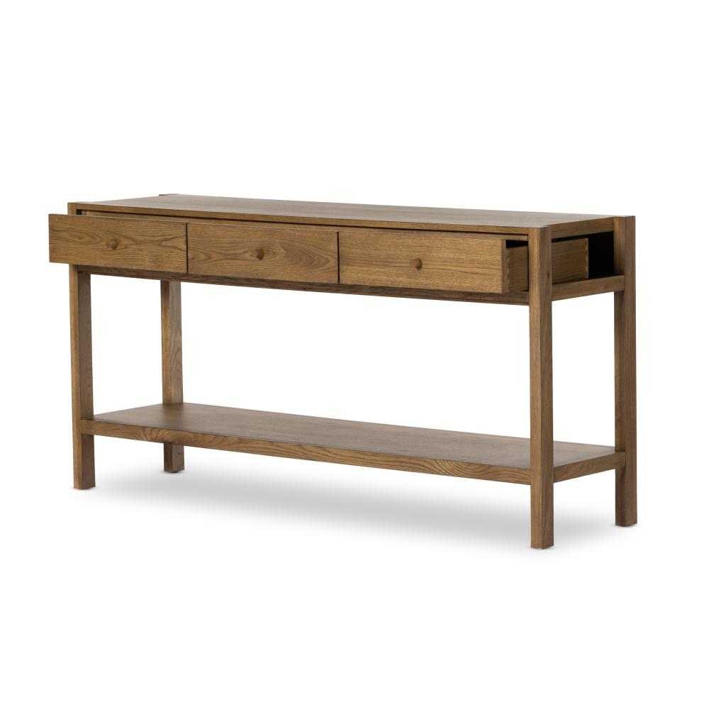 Minimalist Three Drawer Console Table Warm Brown Oak Wood 60 inch