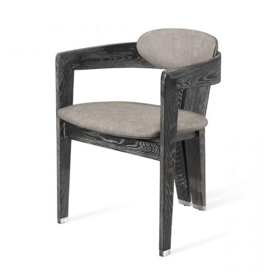 Modern 3 Leg Dining Chair Armchair Charcoal Wood & Gray Faux Leather