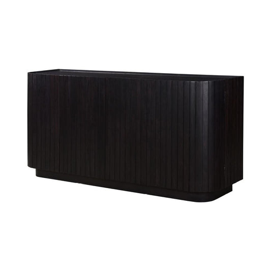 Modern Black Curved & Ribbed 4 Door Acacia Wood Sideboard 72 inch