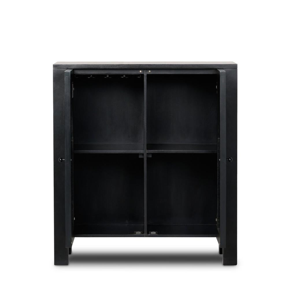 Modern Black Solid Mango Wood & Arched Cane Doors Bar Cabinet 40 inch