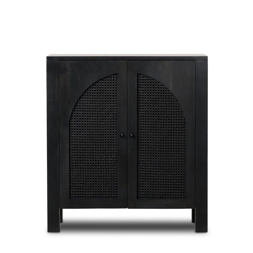 Modern Black Solid Mango Wood & Arched Cane Doors Bar Cabinet 40 inch