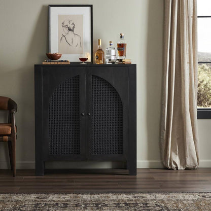 Modern Black Solid Mango Wood & Arched Cane Doors Bar Cabinet 40 inch