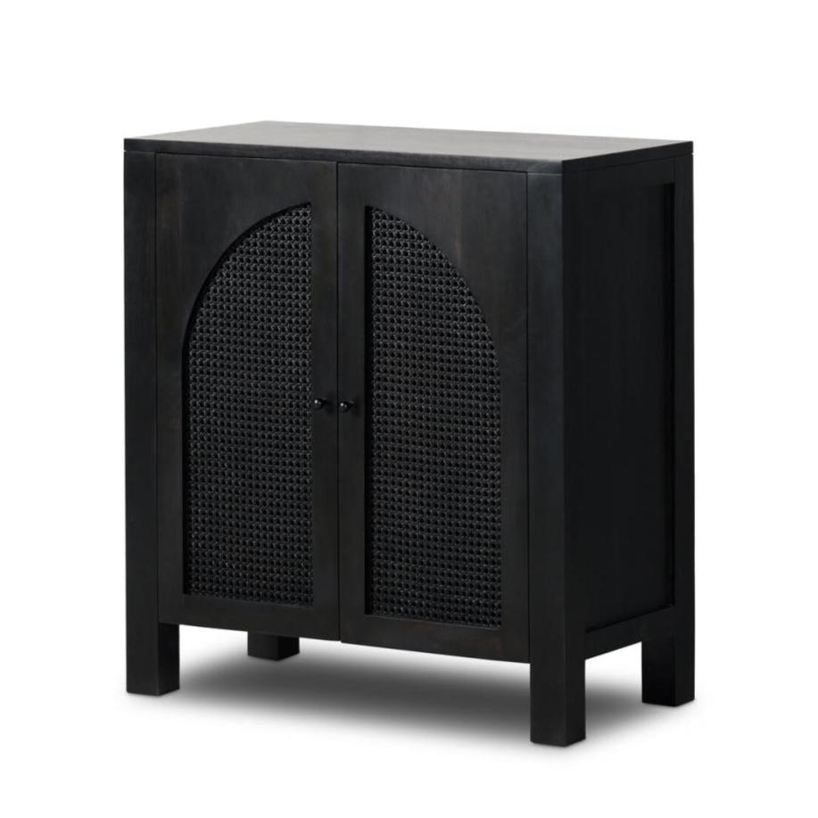 Modern Black Solid Mango Wood & Arched Cane Doors Bar Cabinet 40 inch