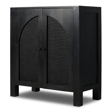 Modern Black Solid Mango Wood & Arched Cane Doors Bar Cabinet 40 inch