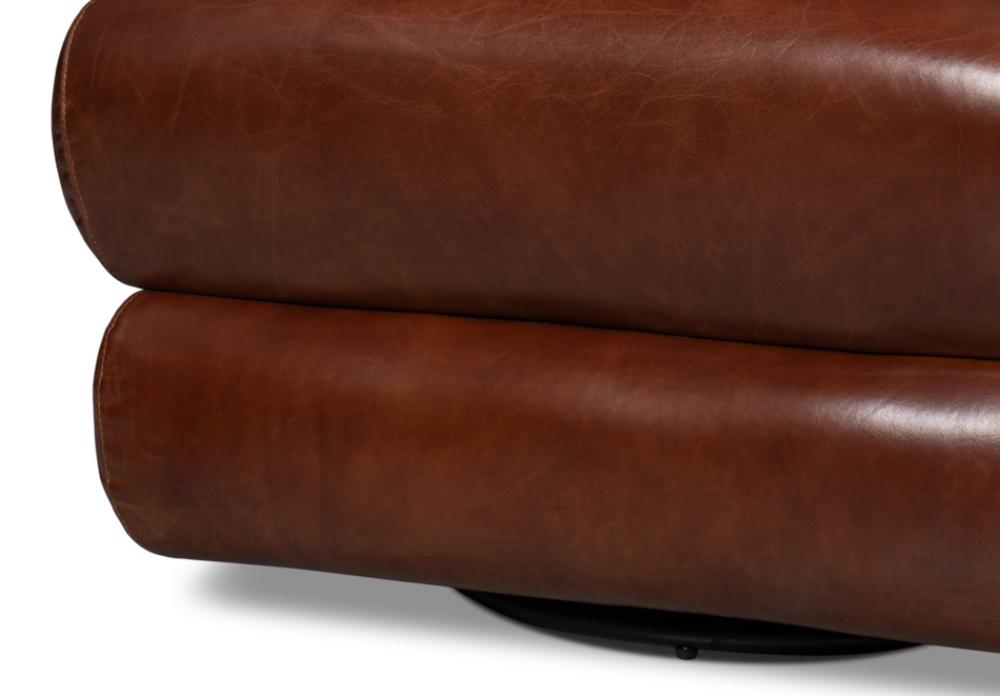 Modern Bolster Back Brown Leather Fully Upholstered Swivel Accent Chair