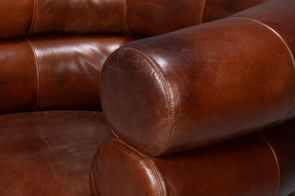 Modern Bolster Back Brown Leather Fully Upholstered Swivel Accent Chair