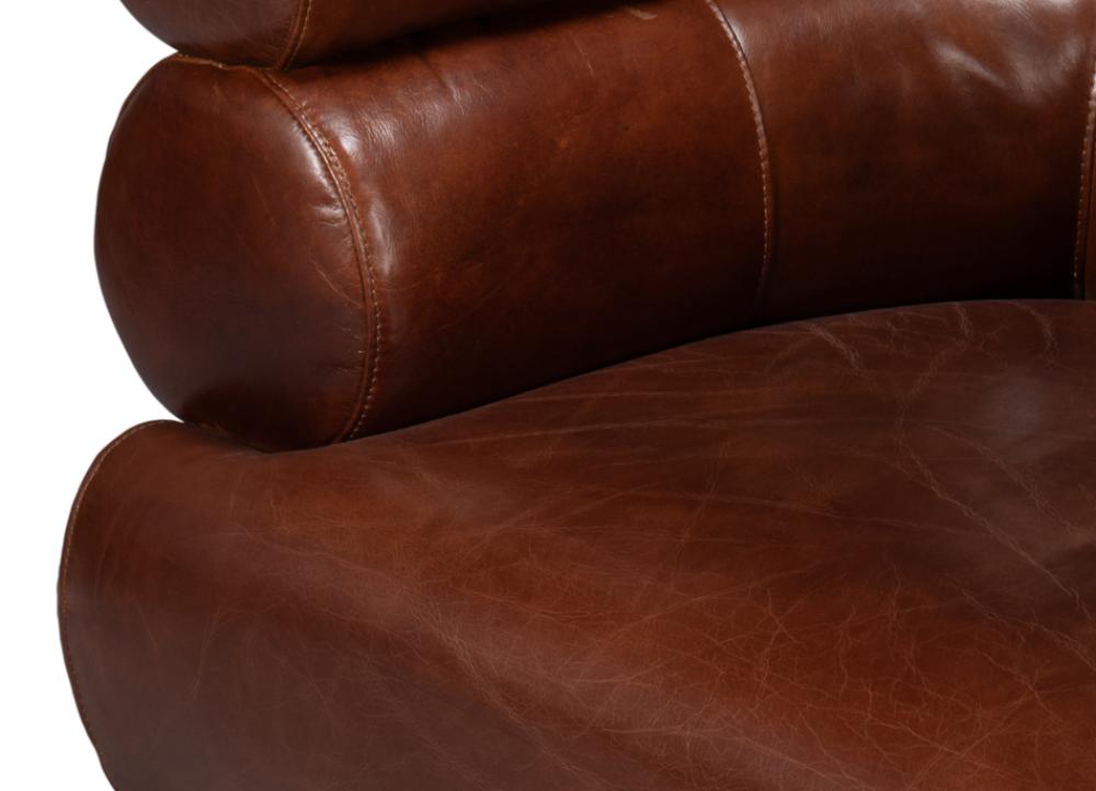 Modern Bolster Back Brown Leather Fully Upholstered Swivel Accent Chair