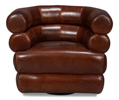 Modern Bolster Back Brown Leather Fully Upholstered Swivel Accent Chair