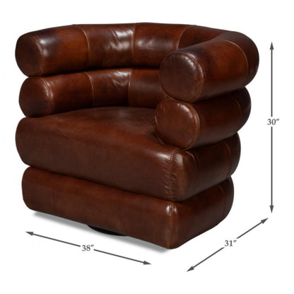 Modern Bolster Back Brown Leather Fully Upholstered Swivel Accent Chair